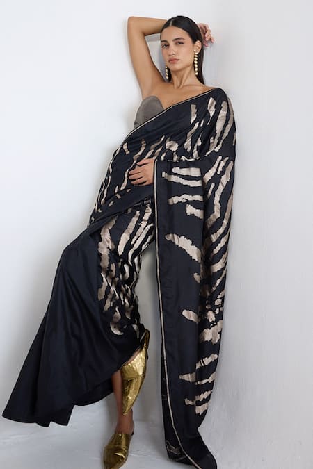 Buy Ekaya Banaras Black Silk Zari Handwoven Noir And Silver Saree With Running Blouse Online at Aza Fashions Buy_Ekaya Banaras_Black Silk Zari Handwoven Noir And Silver Saree With Running Blouse _Online_at_Aza_Fashions