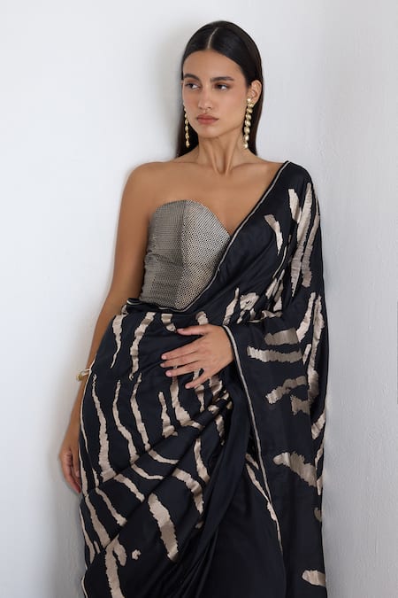 Shop Ekaya Banaras Black Silk Zari Handwoven Noir And Silver Saree With Running Blouse Online at Aza Fashions Shop_Ekaya Banaras_Black Silk Zari Handwoven Noir And Silver Saree With Running Blouse _Online_at_Aza_Fashions