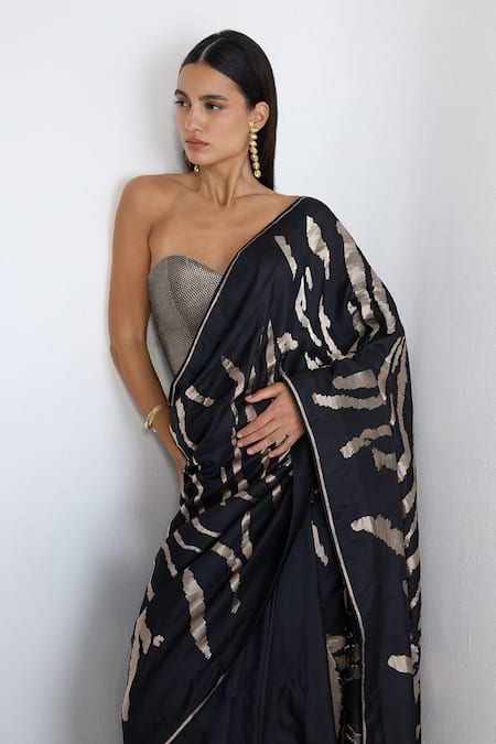 Ekaya Banaras Black Silk Zari Handwoven Noir And Silver Saree With Running Blouse at Aza Fashions Ekaya Banaras_Black Silk Zari Handwoven Noir And Silver Saree With Running Blouse _at_Aza_Fashions