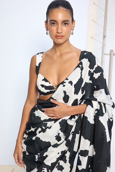 Ekaya Banaras_Black Silk Cow Print Saree With Running Blouse _Online_at_Aza_Fashions