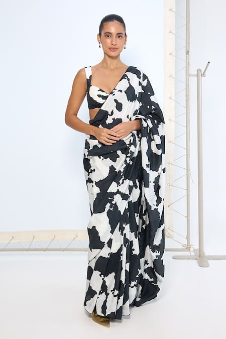 Ekaya Banaras Black Silk Cow Print Saree With Running Blouse 