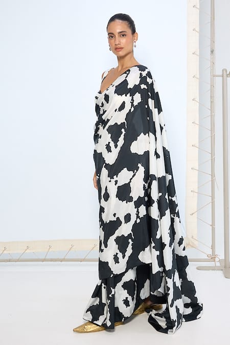 Shop_Ekaya Banaras_Black Silk Cow Print Saree With Running Blouse _Online_at_Aza_Fashions