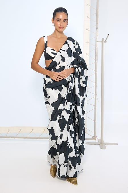 Ekaya Banaras_Black Silk Cow Print Saree With Running Blouse _at_Aza_Fashions