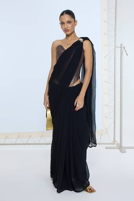 Ekaya Banaras Black Chiffon Midnight Movable Brooch Saree With Running Blouse Online at Aza Fashions Ekaya Banaras_Black Chiffon Midnight Movable Brooch Saree With Running Blouse _Online_at_Aza_Fashions