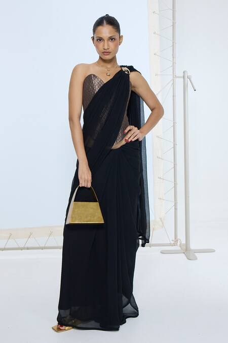 Shop Ekaya Banaras Black Chiffon Midnight Movable Brooch Saree With Running Blouse Online at Aza Fashions Shop_Ekaya Banaras_Black Chiffon Midnight Movable Brooch Saree With Running Blouse _Online_at_Aza_Fashions