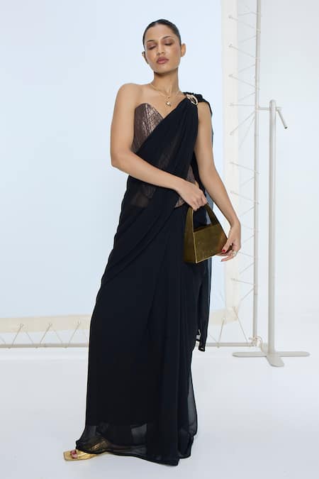 Ekaya Banaras Black Chiffon Midnight Movable Brooch Saree With Running Blouse at Aza Fashions Ekaya Banaras_Black Chiffon Midnight Movable Brooch Saree With Running Blouse _at_Aza_Fashions