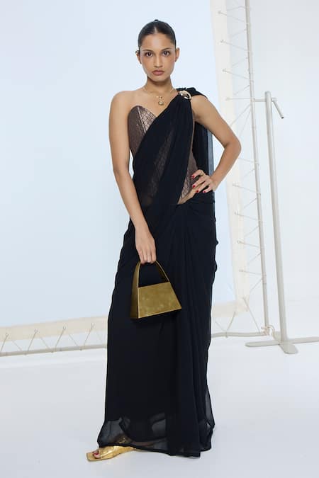 Ekaya Banaras Black Chiffon Midnight Movable Brooch Saree With Running Blouse 