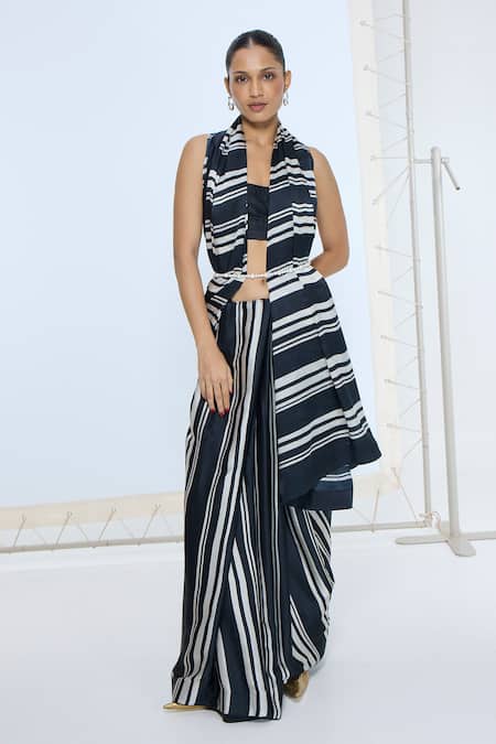 Ekaya Banaras Black Satin, Silk And White Striped Saree With Running Blouse 