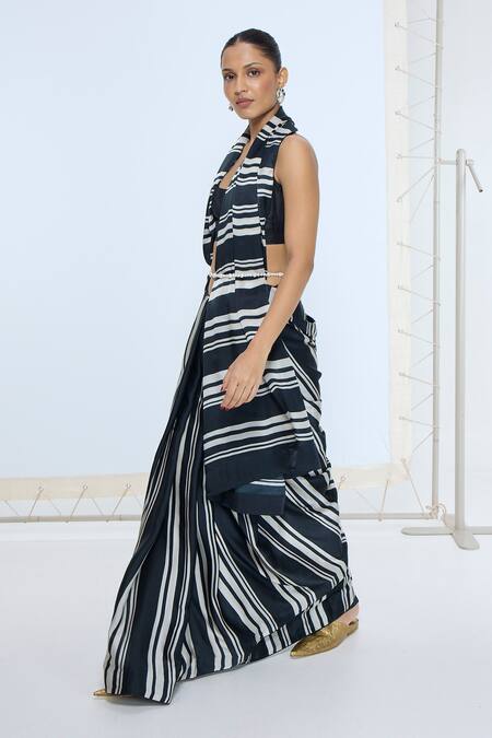 Ekaya Banaras Black Satin, Silk And White Striped Saree With Running Blouse Online at Aza Fashions Ekaya Banaras_Black Satin, Silk And White Striped Saree With Running Blouse _Online_at_Aza_Fashions