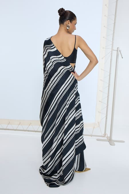 Ekaya Banaras Black & White Striped Saree With Running Blouse 