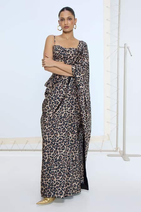 Ekaya Banaras_Black Silk The Cheetah Print Saree With Running Blouse _Online_at_Aza_Fashions