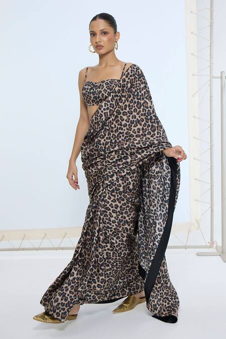 Buy_Ekaya Banaras_Black Silk The Cheetah Print Saree With Running Blouse _Online_at_Aza_Fashions