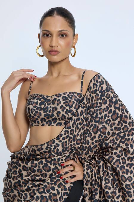Ekaya Banaras_Black Silk The Cheetah Print Saree With Running Blouse _at_Aza_Fashions
