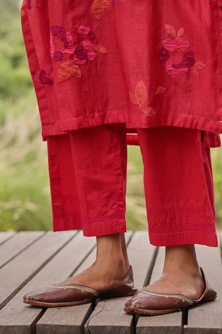 Shop Vaayu Red Muslin, Cotton Embroidery, Tassels V-neck Berry Floral Kurta Set Online at Aza Fashions Shop_Vaayu_Red Muslin, Cotton Embroidery, Tassels V-neck Berry Floral Kurta Set_Online_at_Aza_Fashions