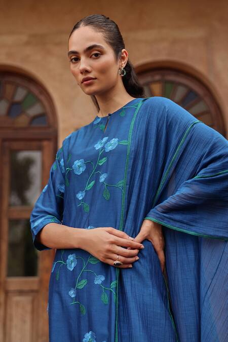 Vaayu Blue Silk Embroidery Keyhole Neck Indigo Bloom Kurta Set Online at Aza Fashions Vaayu_Blue Silk Embroidery Keyhole Neck Indigo Bloom Kurta Set _Online_at_Aza_Fashions