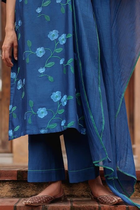 Buy Vaayu Blue Silk Embroidery Keyhole Neck Indigo Bloom Kurta Set Online at Aza Fashions Buy_Vaayu_Blue Silk Embroidery Keyhole Neck Indigo Bloom Kurta Set _Online_at_Aza_Fashions