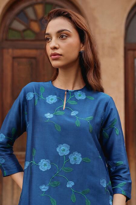 Vaayu Blue Silk Embroidery Keyhole Neck Indigo Bloom Kurta Set at Aza Fashions Vaayu_Blue Silk Embroidery Keyhole Neck Indigo Bloom Kurta Set _at_Aza_Fashions