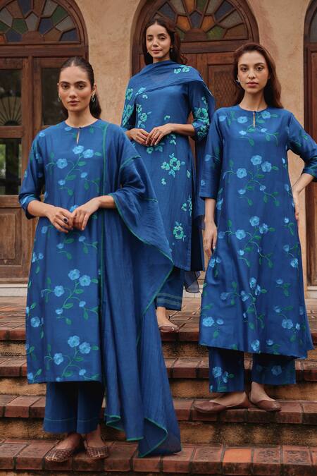 Buy Vaayu Blue Silk Embroidery Keyhole Neck Indigo Bloom Kurta Set Buy_Vaayu_Blue Silk Embroidery Keyhole Neck Indigo Bloom Kurta Set
