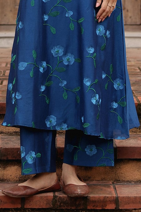 Vaayu Blue Silk Embroidery Keyhole Neck Indigo Bloom Kurta And Pant Set Online at Aza Fashions Vaayu_Blue Silk Embroidery Keyhole Neck Indigo Bloom Kurta And Pant Set _Online_at_Aza_Fashions