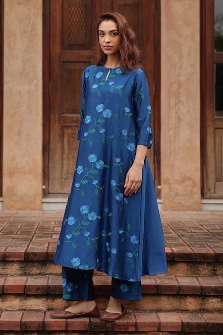 Shop Vaayu Blue Silk Embroidery Keyhole Neck Indigo Bloom Kurta And Pant Set Online at Aza Fashions Shop_Vaayu_Blue Silk Embroidery Keyhole Neck Indigo Bloom Kurta And Pant Set _Online_at_Aza_Fashions