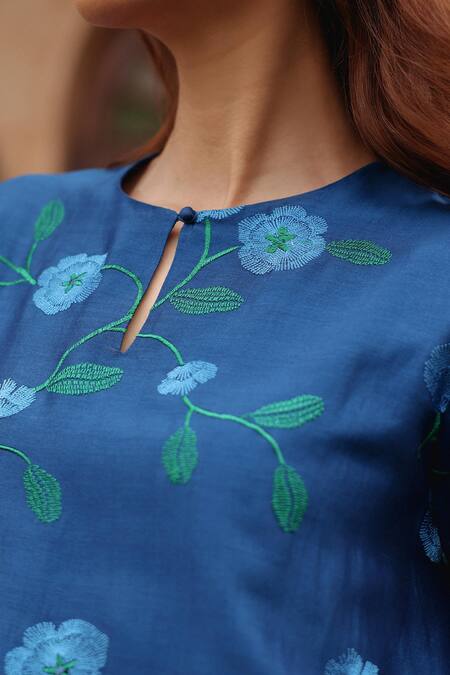 Vaayu Blue Silk Embroidery Keyhole Neck Indigo Bloom Kurta And Pant Set at Aza Fashions Vaayu_Blue Silk Embroidery Keyhole Neck Indigo Bloom Kurta And Pant Set _at_Aza_Fashions