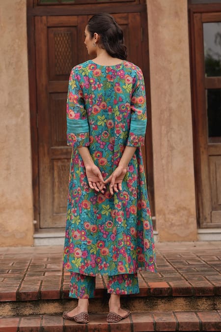 Vaayu Teal Bloom Print Kurta & Pant Set 