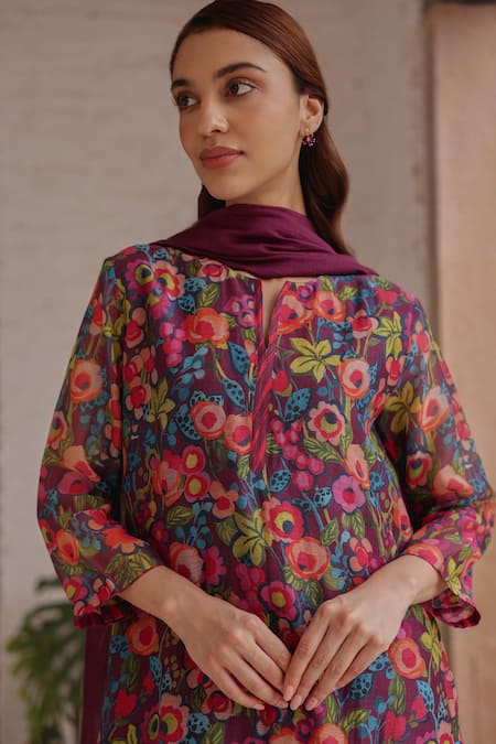 Vaayu Multi Color Muslin, Cotton Tassels Split V-neck Amethyst Bloom Print Kurta Set at Aza Fashions Vaayu_Multi Color Muslin, Cotton Tassels Split V-neck Amethyst Bloom Print Kurta Set _at_Aza_Fashions