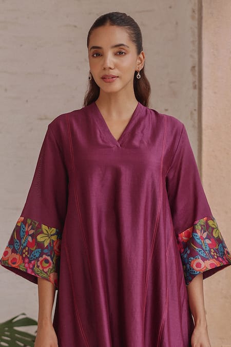 Vaayu Purple Silk Embroidery, Tassels V-neck Amethyst Sleeve Printed Kurta With Pant Online at Aza Fashions Vaayu_Purple Silk Embroidery, Tassels V-neck Amethyst Sleeve Printed Kurta With Pant _Online_at_Aza_Fashions