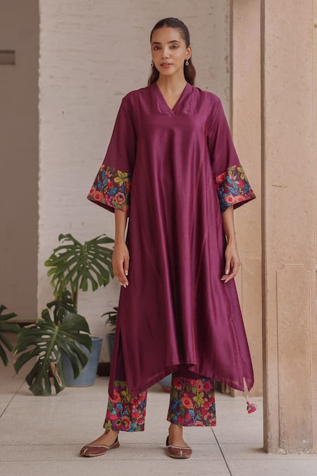 Vaayu Purple Silk Embroidery, Tassels V-neck Amethyst Sleeve Printed Kurta With Pant 