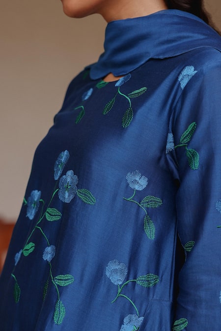 Vaayu Blue Silk Embroidery Round Neck Indigo Bloom Print Anarkali With Dupatta Online at Aza Fashions Vaayu_Blue Silk Embroidery Round Neck Indigo Bloom Print Anarkali With Dupatta _Online_at_Aza_Fashions