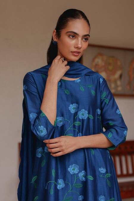 Buy Vaayu Blue Silk Embroidery Round Neck Indigo Bloom Print Anarkali With Dupatta Buy_Vaayu_Blue Silk Embroidery Round Neck Indigo Bloom Print Anarkali With Dupatta