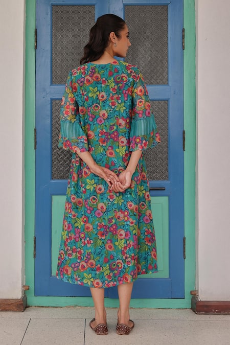 Vaayu Teal Bloom Print Dress