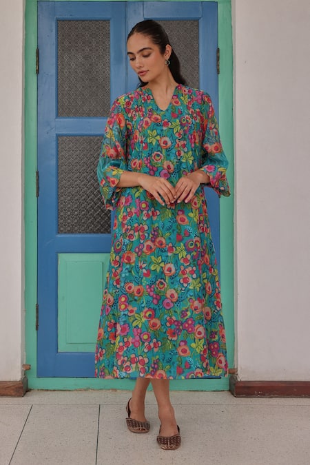 Shop Vaayu Blue Muslin, Cotton V-neck Teal Bloom Print Dress Online at Aza Fashions Shop_Vaayu_Blue Muslin, Cotton V-neck Teal Bloom Print Dress _Online_at_Aza_Fashions
