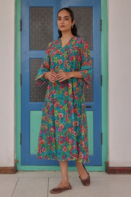 Vaayu Blue Muslin, Cotton V-neck Teal Bloom Print Dress at Aza Fashions Vaayu_Blue Muslin, Cotton V-neck Teal Bloom Print Dress _at_Aza_Fashions