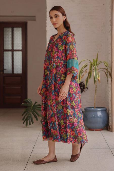 Buy Vaayu Multi Color Muslin, Cotton V-neck Amethyst Bloom Print Dress Online at Aza Fashions Buy_Vaayu_Multi Color Muslin, Cotton V-neck Amethyst Bloom Print Dress _Online_at_Aza_Fashions