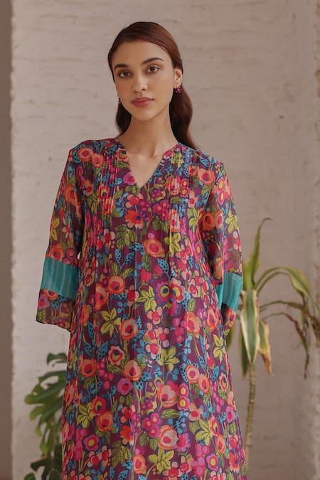 Shop Vaayu Multi Color Muslin, Cotton V-neck Amethyst Bloom Print Dress Online at Aza Fashions Shop_Vaayu_Multi Color Muslin, Cotton V-neck Amethyst Bloom Print Dress _Online_at_Aza_Fashions
