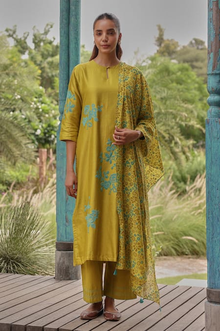 Vaayu Yellow Silk Applique, Embroidery, Tassels Keyhole Neck Ochre Kurta Set 