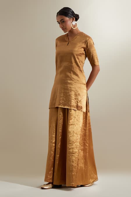 Shop_Vinusto_Gold Silk Zari, Embroidery V-neck Kurta And Kalidar Sharara Set _Online_at_Aza_Fashions