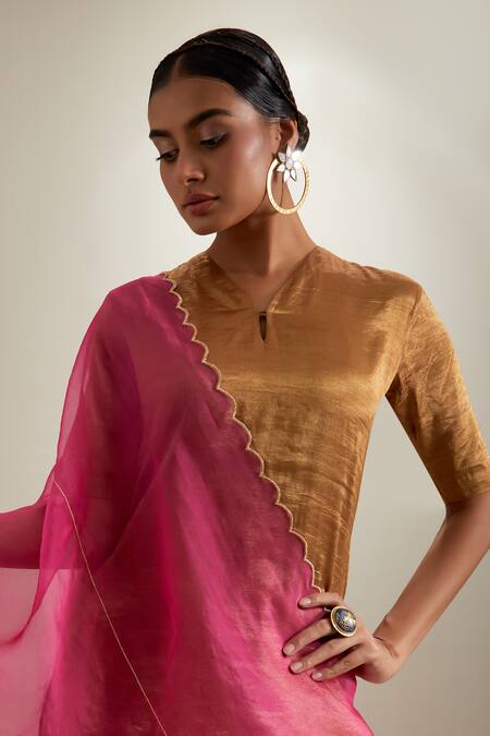 Shop_Vinusto_Gold Silk Zari, Embroidery V-neck Kurta And Kalidar Sharara Set 