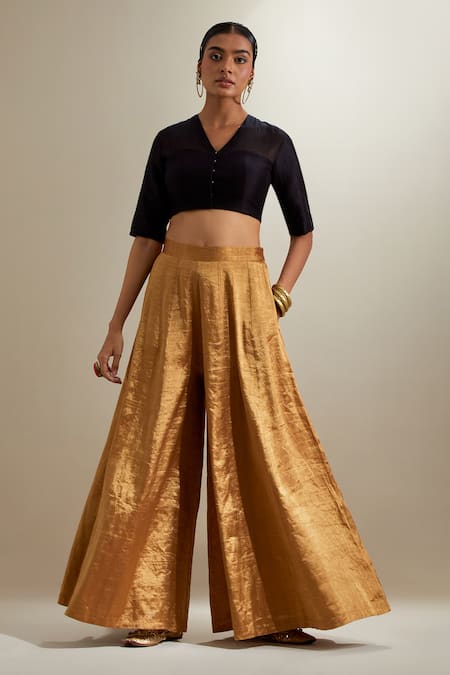 Vinusto_Black Chanderi, Silk, Organza Zari, Embroidery V-neck Blouse And Palazzo Set _Online_at_Aza_Fashions