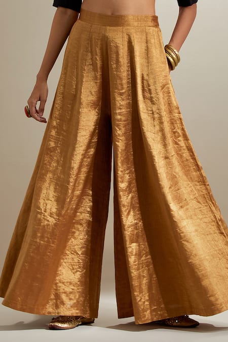 Buy_Vinusto_Black Chanderi, Silk, Organza Zari, Embroidery V-neck Blouse And Palazzo Set _Online_at_Aza_Fashions