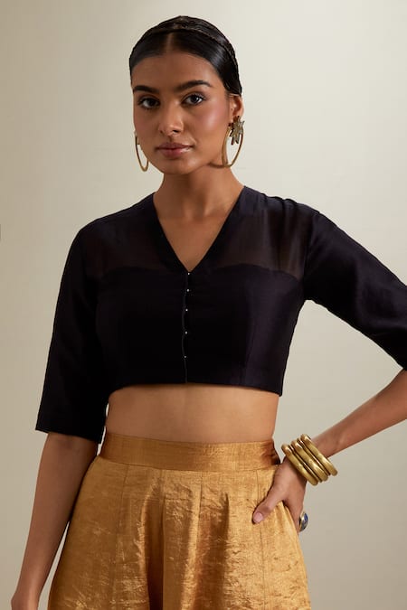 Shop_Vinusto_Black Chanderi, Silk, Organza Zari, Embroidery V-neck Blouse And Palazzo Set _Online_at_Aza_Fashions