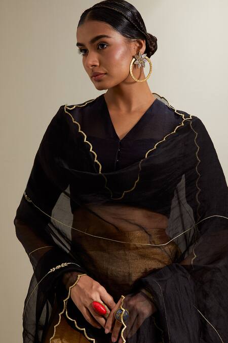 Vinusto_Black Chanderi, Silk, Organza Zari, Embroidery V-neck Blouse And Palazzo Set _at_Aza_Fashions