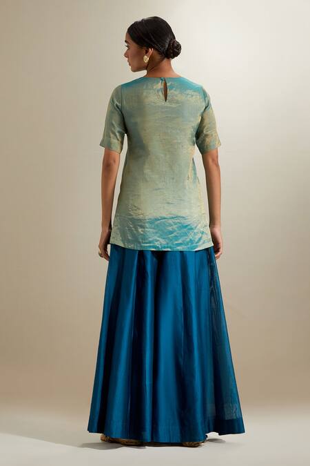 Shop_Vinusto_Aqua Chanderi, Silk Zari Round Neck Kurta And Kalidar Sharara Set _at_Aza_Fashions