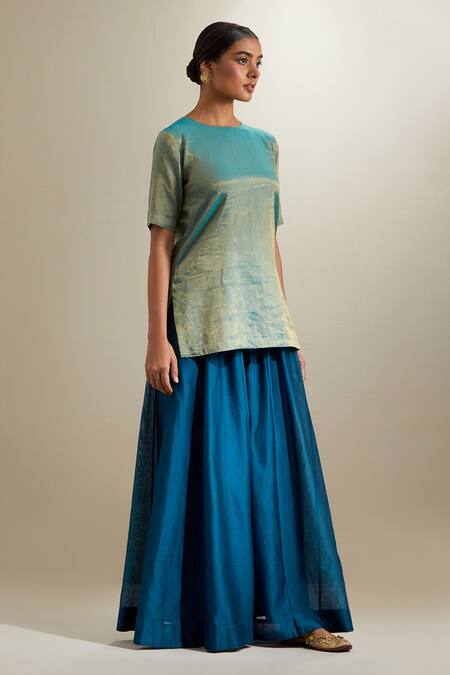Vinusto_Aqua Chanderi, Silk Zari Round Neck Kurta And Kalidar Sharara Set _Online_at_Aza_Fashions