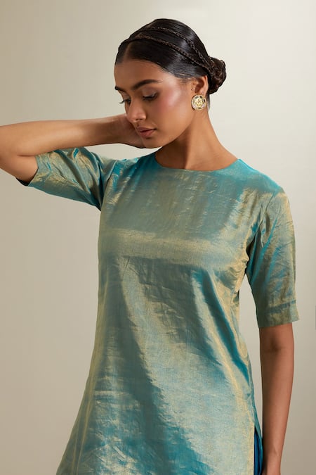 Shop_Vinusto_Aqua Chanderi, Silk Zari Round Neck Kurta And Kalidar Sharara Set _Online_at_Aza_Fashions