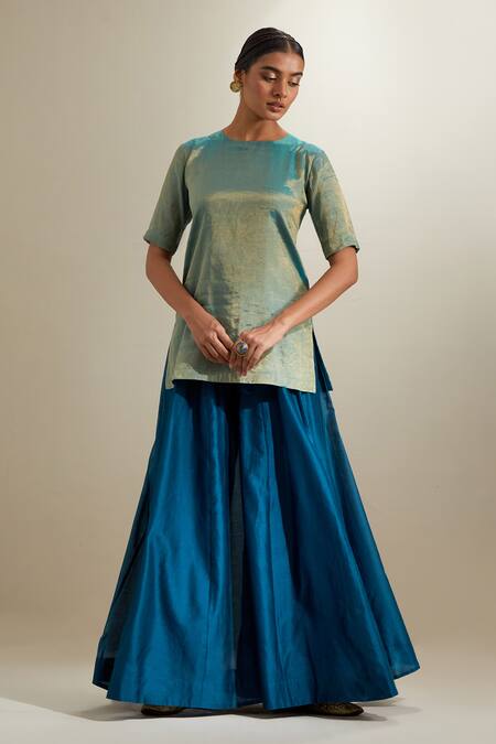 Vinusto_Aqua Chanderi, Silk Zari Round Neck Kurta And Kalidar Sharara Set _at_Aza_Fashions