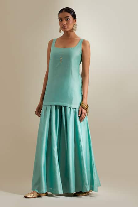 Shop_Vinusto_Mint Chanderi Zari, Embroidery Square Neck Kurta Sharara Set _Online_at_Aza_Fashions