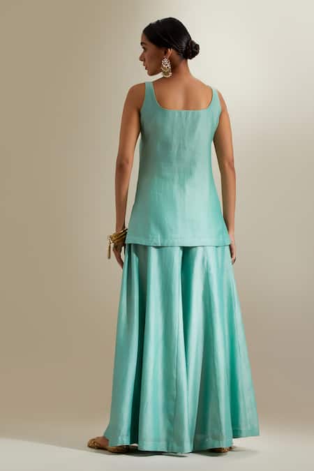 Shop_Vinusto_Mint Chanderi Zari, Embroidery Square Neck Kurta Sharara Set _at_Aza_Fashions