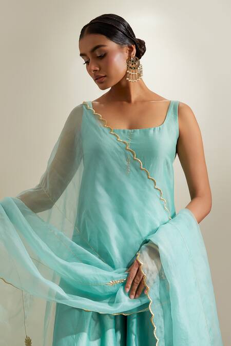 Shop_Vinusto_Mint Chanderi Zari, Embroidery Square Neck Kurta Sharara Set 